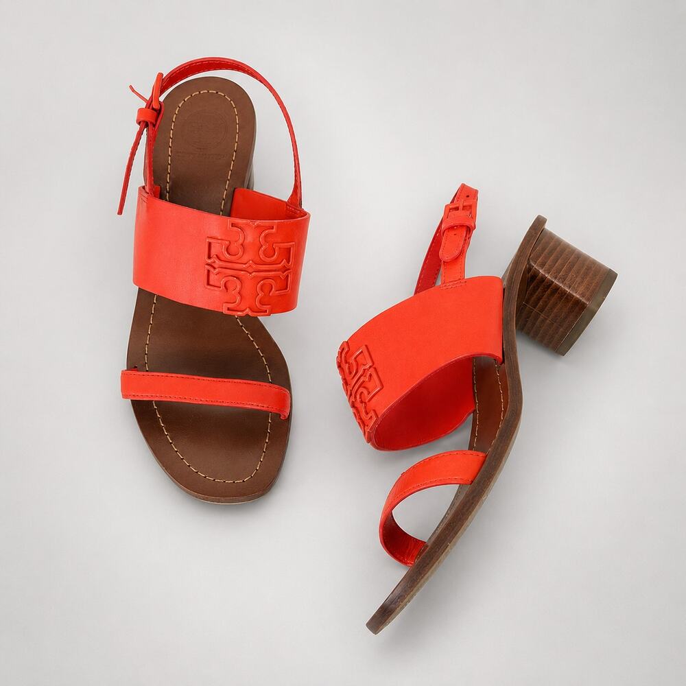 Tory Burch Lowell Orange Red Leather Logo Block Heel Sandals Women's 7M